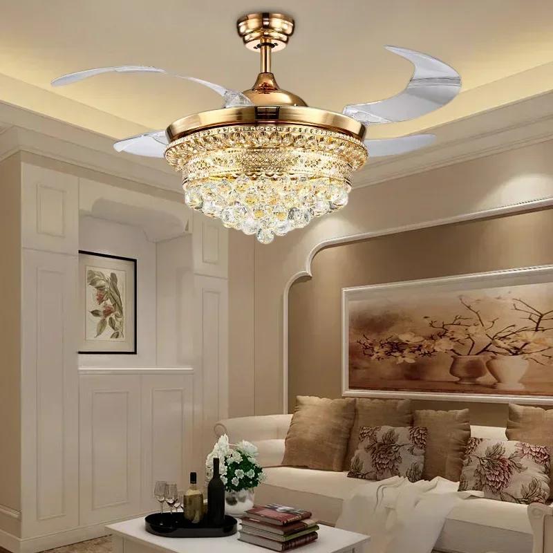 Modern Luxury Crystal Chandelier Atmosphere Living Room Fan Light Remote Control Chandelier Bedroom Dining Room Ventilation
