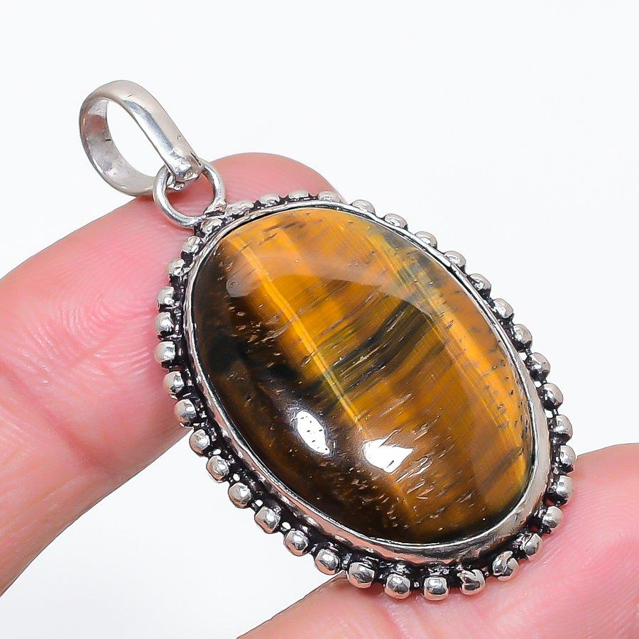 Natural Tiger Eye Gemstone 925 Sterling Silver Jewelry Pendant 2.05" K3f29