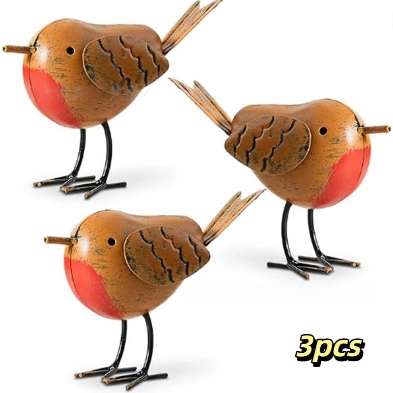 Rusty Metal Bird Figurine Set 3 Pcs Vintage 3D Sculpture Farmhouse Style for Living Room Shelf Art Decor Gift