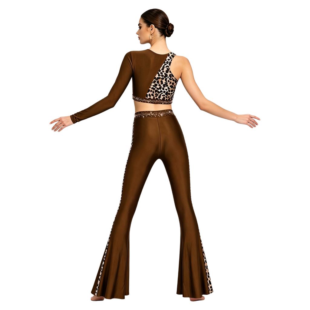 Leopard Print Rhinestone One Shoulder Crop Top and Flared Pants Set for Women Latin Jazz Dance Competition Stage Show