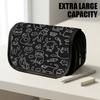 1pc Double Layer Flip Pencil Case, Black Cat White Doodle, Large Capacity, Portable Polyester Pen Storage Bag with Zipper Closure, Ideal for School &