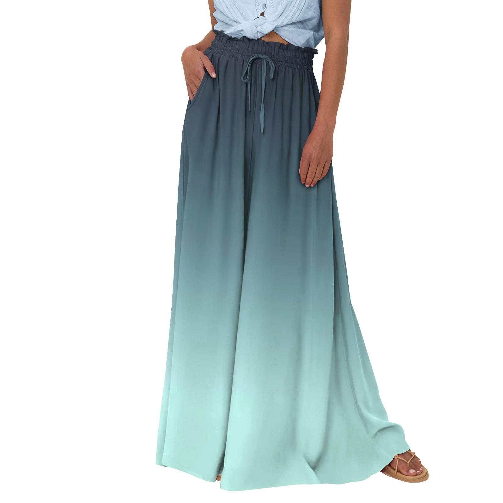 

Женские широкие брюки с высокой талией, летние повседневные струящиеся брюки-палаццо, пляжные брюки с принтом и карманом XXL циан