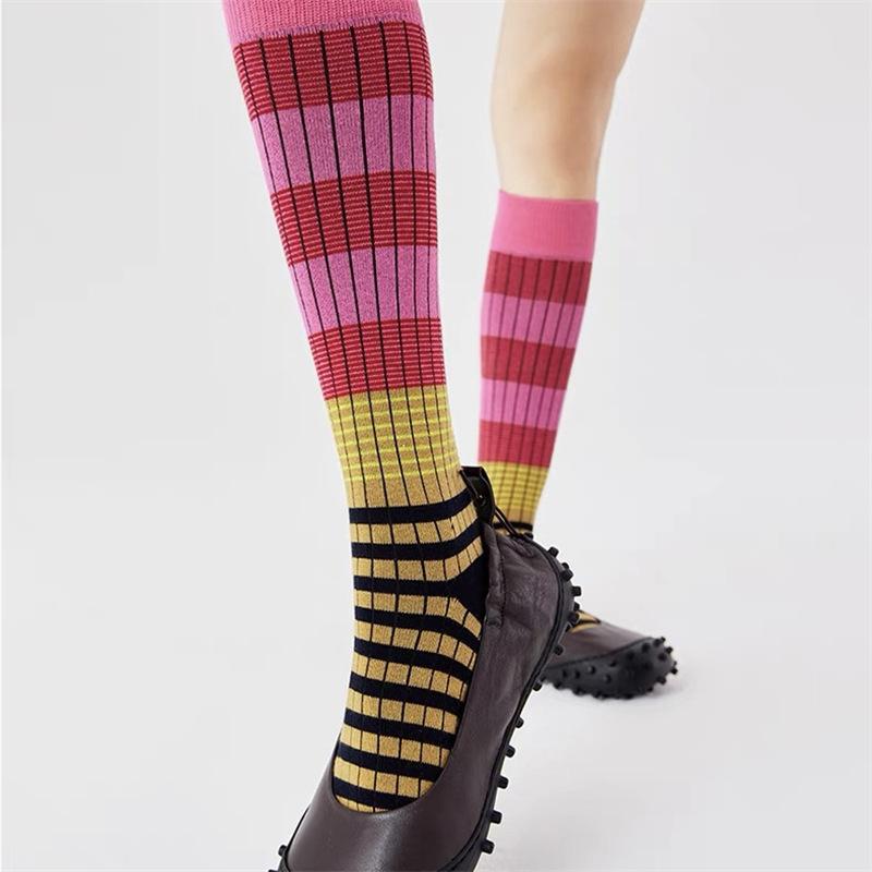 Striped Retro Contrasting Calf Socks Double Needle Knee Stacking Socks Personalized Fashion Pure Cotton Socks