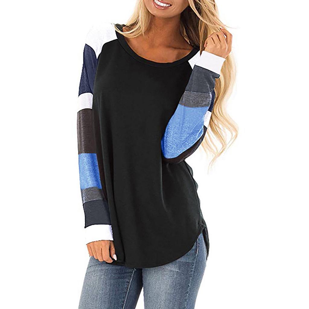 Women Fashion  Loose Patchwork Long Sleeve T-shirt Top Blouse Pullover