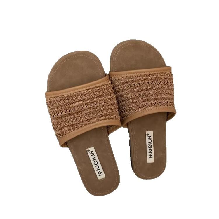Summer Lazy Wind~ Woven Cross-Strap One-Word Slippers Women's 2025 Summer New Vacation Wind Flat-bottomed Cool Slippers