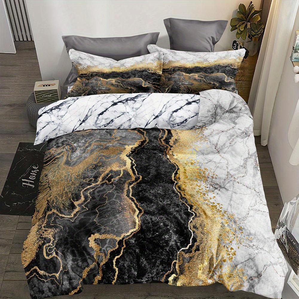 Duvet Cover Set Marble Design Breathable Polyester Zip Closure Machine Washable Includes 1 Duvet Cover And 2 Pillowcases