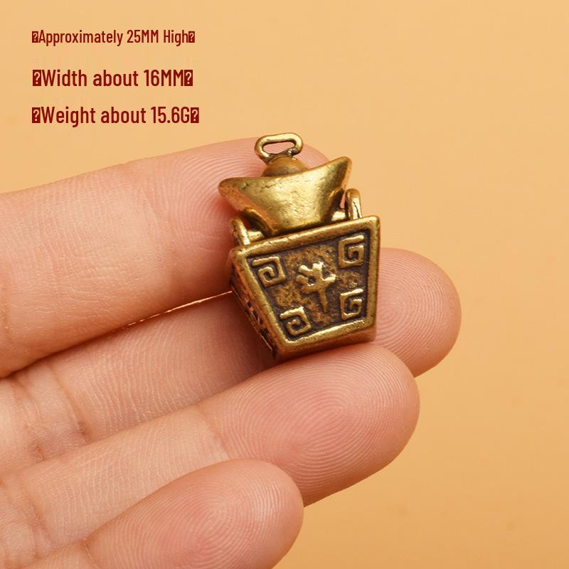 Brass Pendant Keychain: Winnowing Basket & Yuanbao Pixiu Amulet with Hundred Blessings Jar (Gold & Silver Filled)