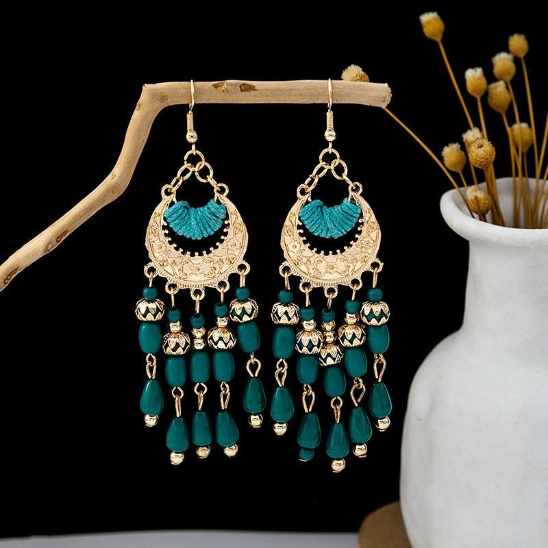 Ethnic Fengshui Drop Earrings Bohemian Style Rice Beads Tassel Long Earrings Crescent Earrings