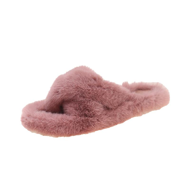 Fashion Luxury Fashion One Word Thick Fur Slippers Double Fur Slippers Casual Home Cotton Shoes Women Flat Plush Cross Straps Slippers