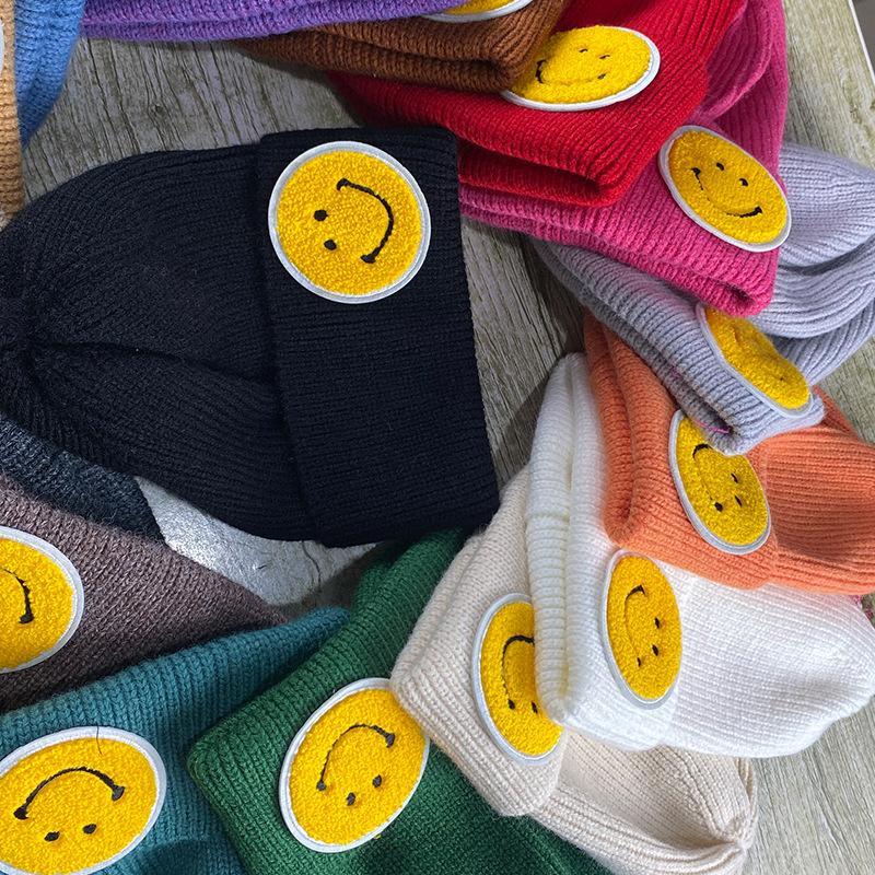 Hat Women Autumn and Winter Smiley Face Label Couple Knitted Hat Winter Pullover Woolen Hat Student Couple Warm Hat