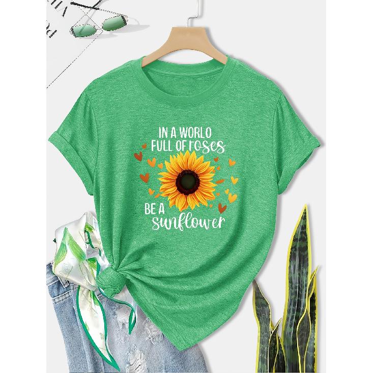 Women's European and American Summer Short-sleeve Shirt with Contrasting Colors and a Simple, Unique Sunflower Print Surrounded by a Heart