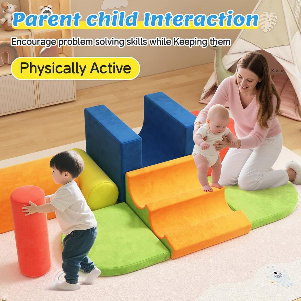 12-Piece Soft Block Set, Macaron Colors, Indoor Playground Equipment for Kids, Includes Jungle Gym and Slide, Cushion Play Equipment for Ages 1+