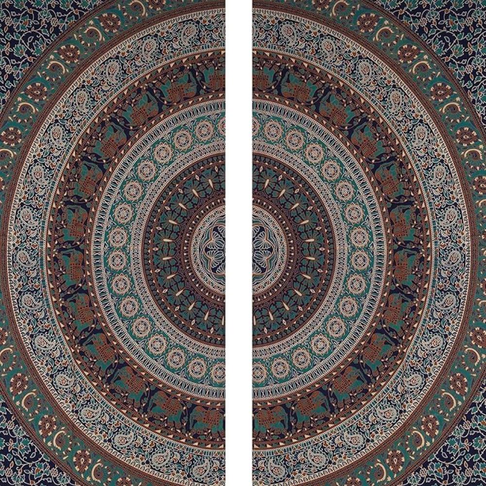 BLESS INTERNATIONAL Beautiful Indian Bohemian Psychedelic Hippie Tree of Life Window Curtain Panels for Bedroom, Living(Green Gray Elephant Mandala)