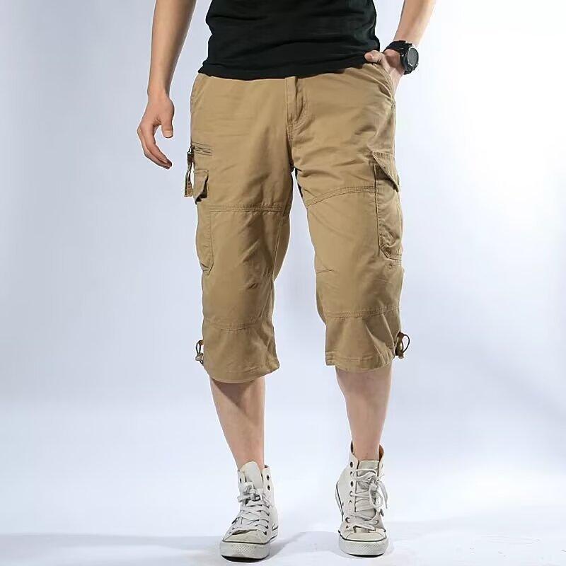 Men's Cargo Bermuda Shorts Multi Pocket Zipper Fly Solid Color Elastic Waist Casual Summer Shorts