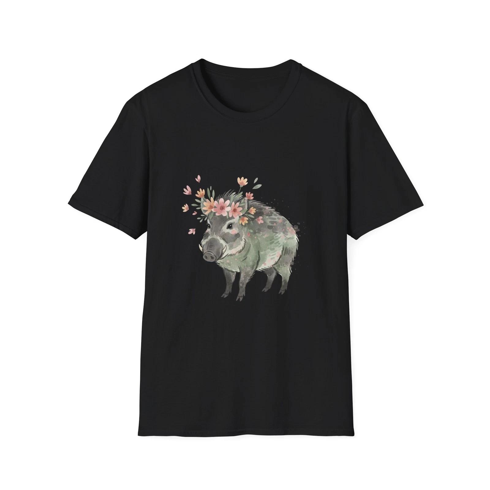 

Wild Boar Floral Watercolor Boho Black T-Shirt Nature Aesthetic Print Tee 4XL
