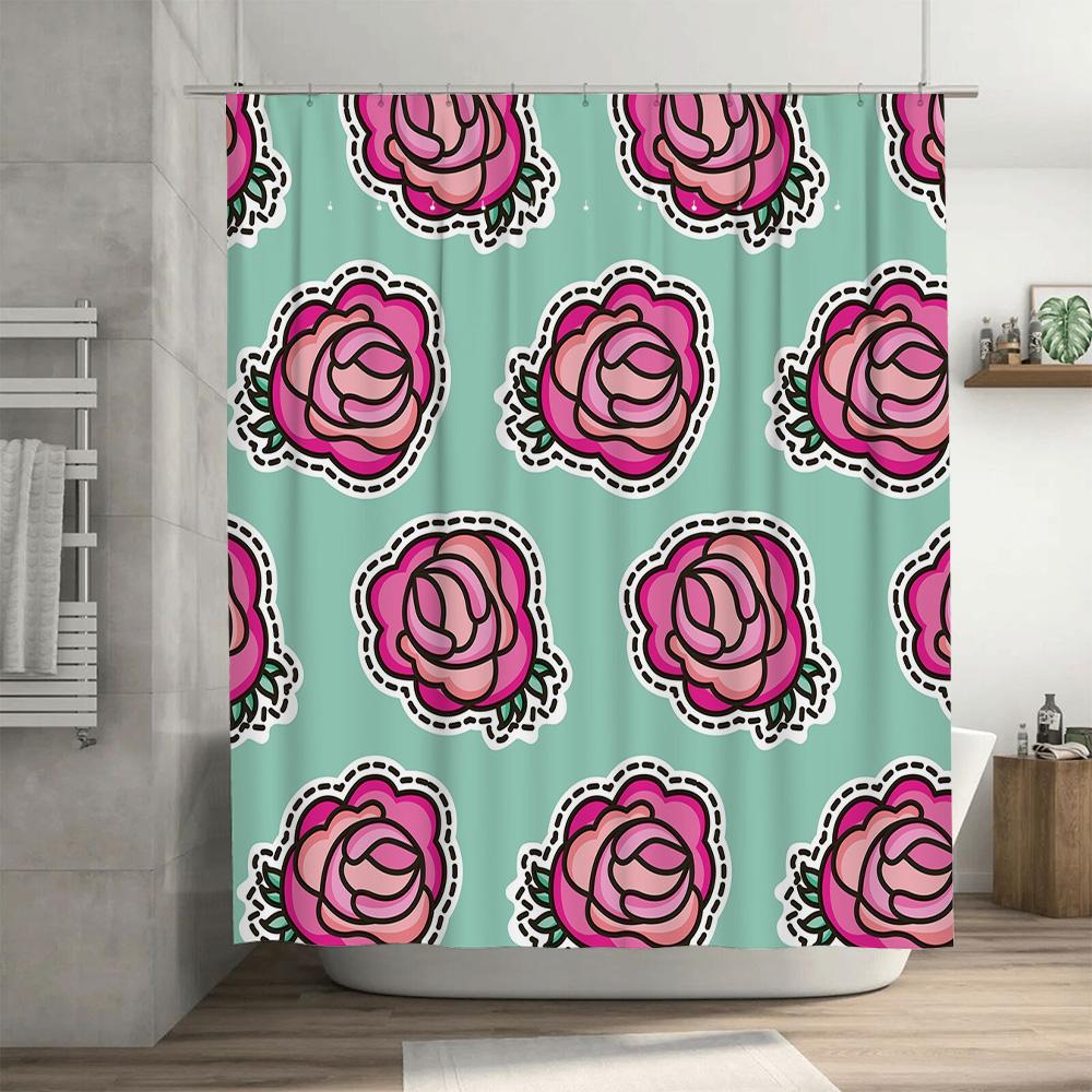 Rosa Rosen-Druck Duschvorhang Heimdeko Badezimmerdekorationen Wasserdichter Stoff Duschvorhänge für Badezimmer Größe B72x84L Zoll