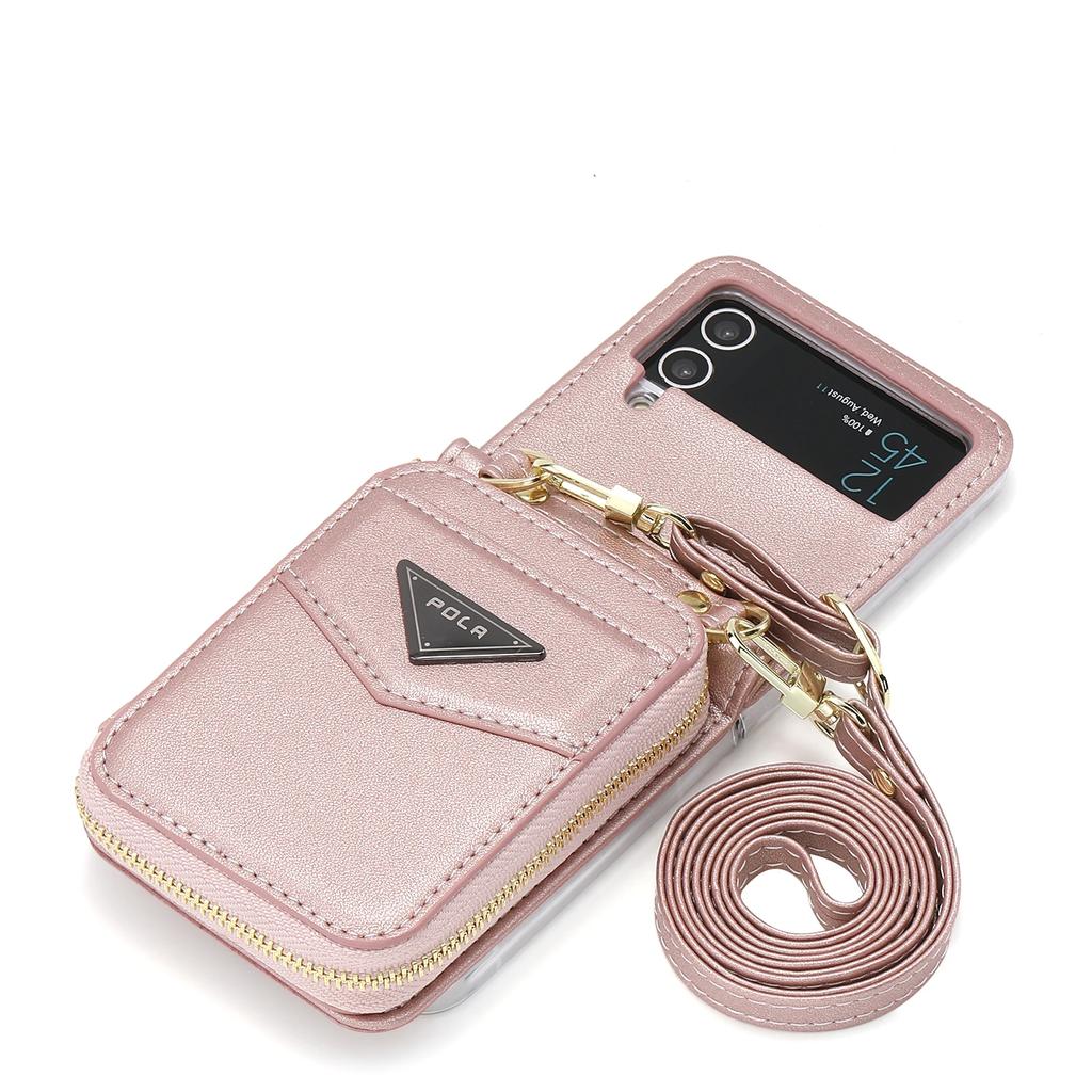 Crossbody Leather Bag Wallet Zipper Purse Case for Samsung Z Flip 6 5 4 Flip3 Neckstrap Shoulder Strap Card Holder Pocket Cover