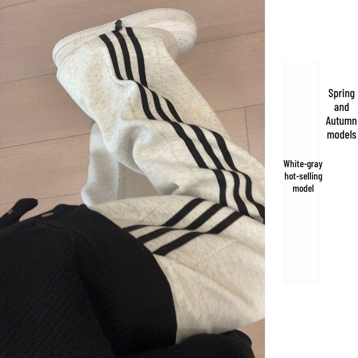 Γκρι Γυναικεία Ψηλόμεση Φαρδιά Φόρμα με Τρεις Ρίγες - Συλλογή Άνοιξη 2025, Κολακευτική, Ευέλικτη, Casual με Κορδόνι.