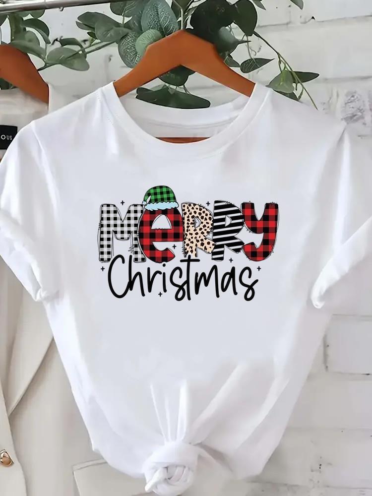 (Asian Size) Short Sleeve T-shirts  Print merry Christmas o-neck festival lovely Women's Top new year T Clothing Fashion holiday Graphic Tee