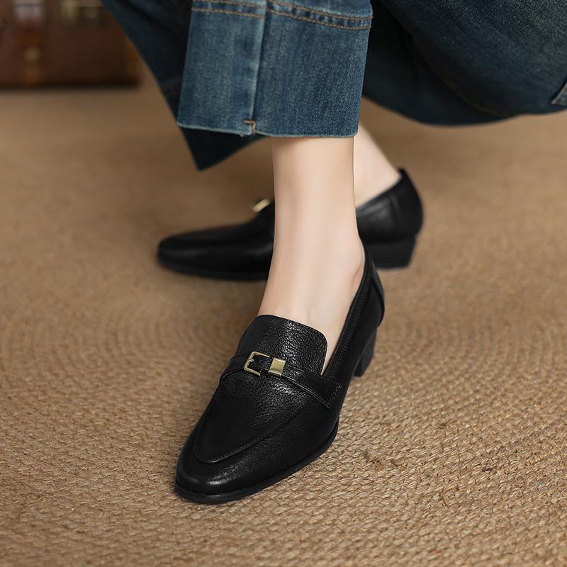 Fashion 2025 NEW Spring Women Loafers Square Toe Chunky Heel Shoes Genuine Leather Shoes for Women Slip-on Women Pumps Handmade Shoes