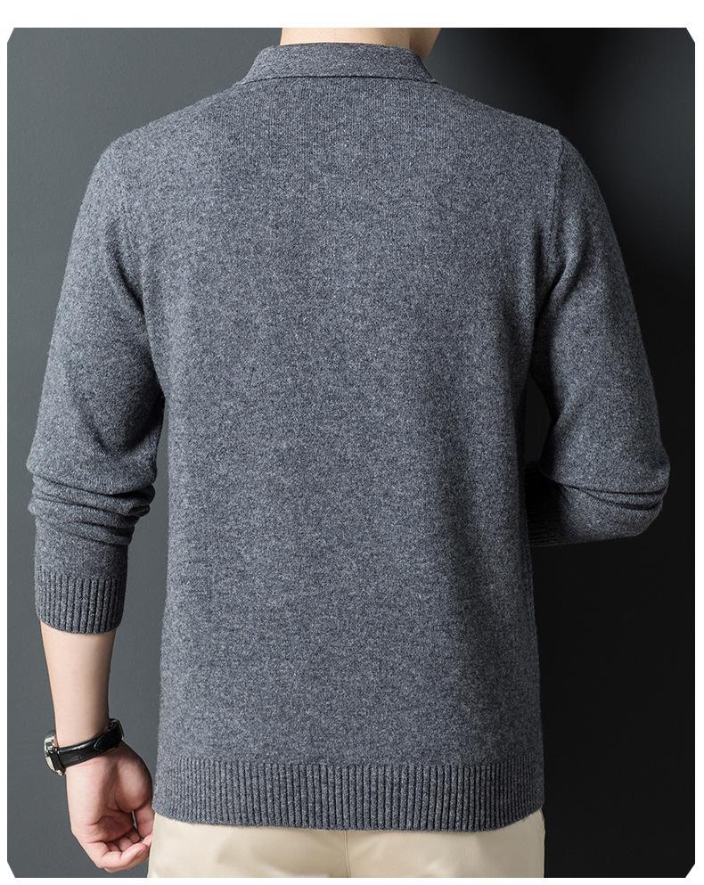 Men's 100% Pure Wool 9-Pin Lapel Sweater, 430g Thickened Base Layer for Middle-Aged Business Casual, Plain Knit.