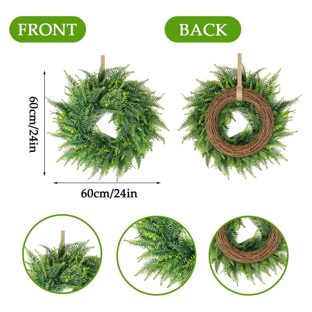 Artificial Fern Wreath for Front Door Indoor Outdoor Decorative Faux Greenery Wreath for Home Office Wall Hanging Decor 18 Inch Diameter