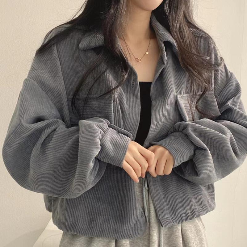 Korean Fashion Long Sleeved Corduroy Shirt Spring Versatile Single Breasted Lapel Jacket for Women's Elegant Casual Pockets Coat