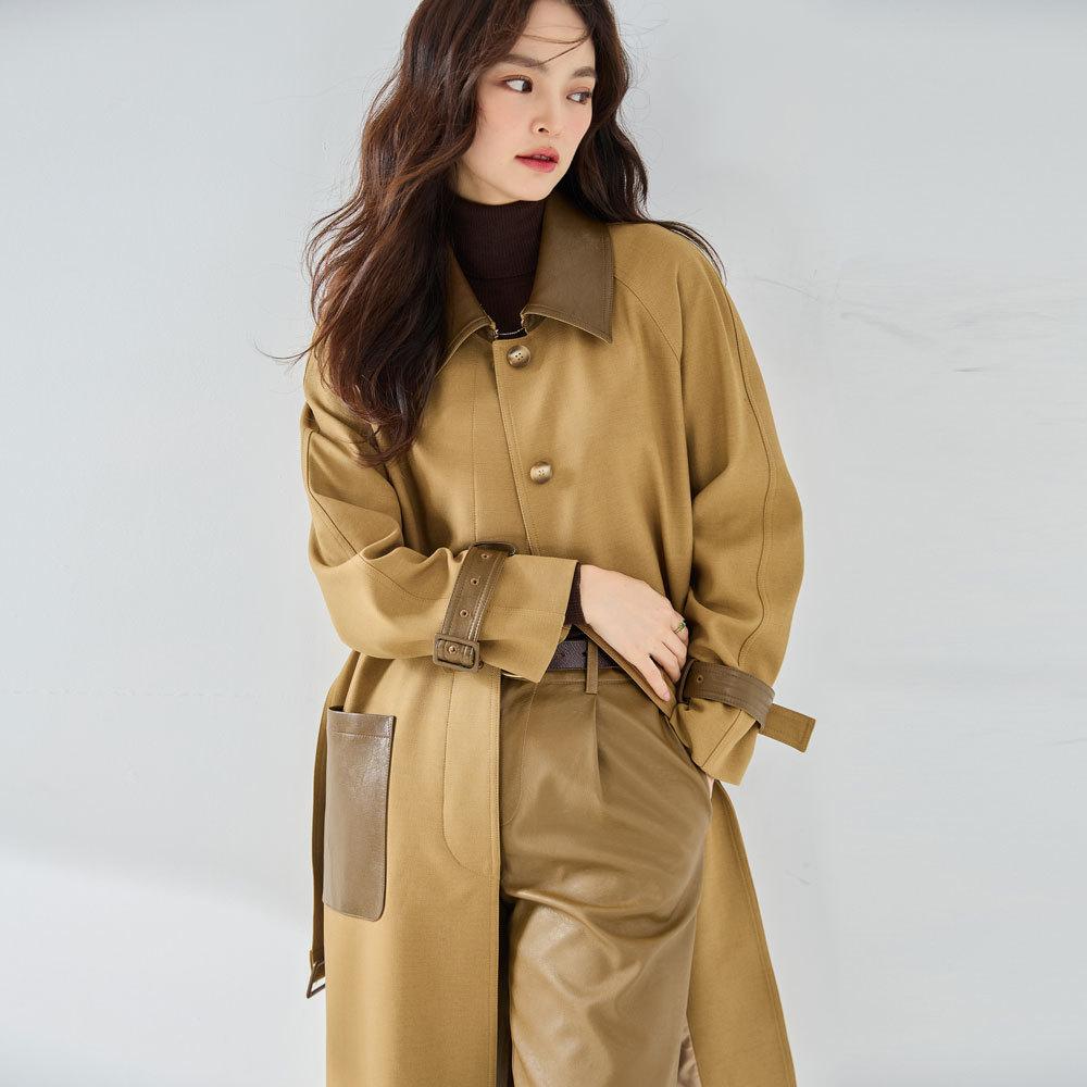 New Splicing Fabric Casual Vertical Fine Imitation Texture Twill Wool Shoulder Sleeves Medium and Long Trench Coat 23027