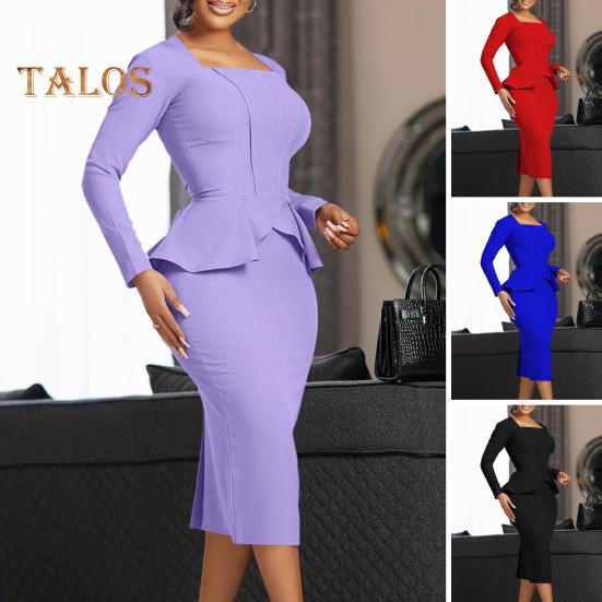 Vestido de negocios para mujer, escote cuadrado, manga larga, color puro, con volantes, retazos, corte entallado, vestido formal midi para desplazamientos diarios