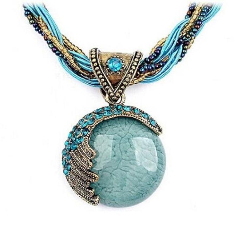 1PC European and American Bohemian style imitation gemstone pendant necklace handmade rice beads woven ethnic style retro sweater chain
