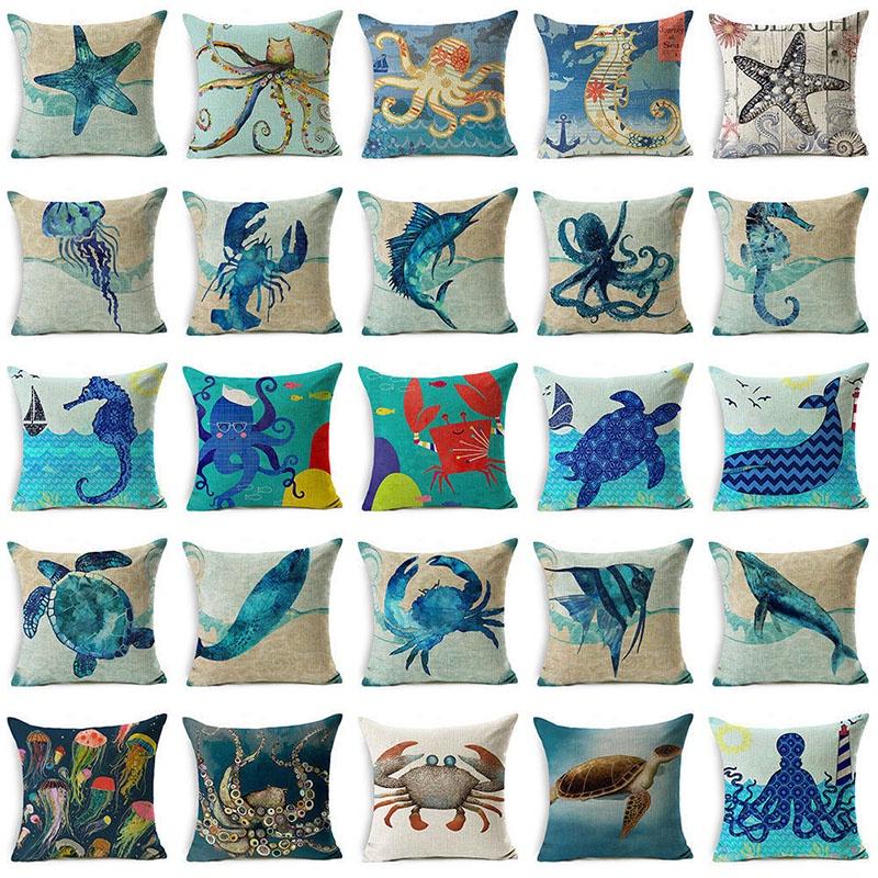 Exquisite 18" Blue Sea Animal Cotton Linen Cushion Cover For Stylish Living Spaces