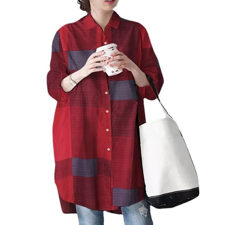 

Женская клетчатая рубашка свободного кроя с асимметричным подолом и завязками на шее, 2022 Small вино красного