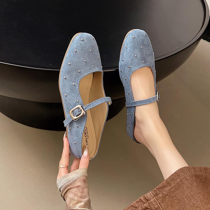 French Retro One-word Buckle Mary Jane Women's Shoes 2025 Summer New Casual Round Head Shallow Mouth Bag Head Half Slippers Women