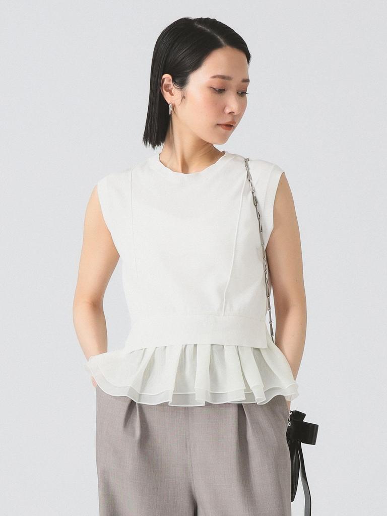 Ray Beams S/S Knit Vest, Sheer Peplum Crew Neck, Sleeveless, Women's, OFF_WHITE FREE