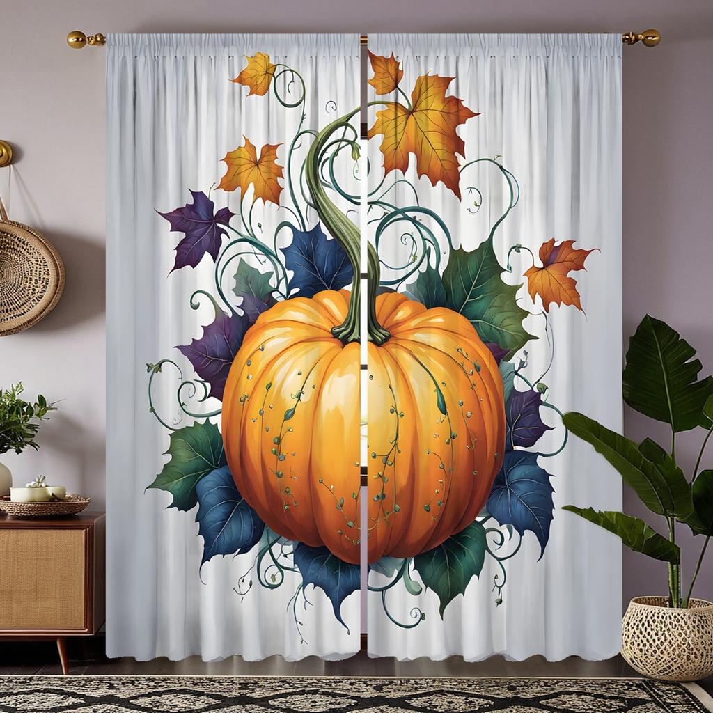 2er Set HD Erntedankfest Mehrfarbiges Blatt Kürbis Vorhang Gelbe Bindung Digital bedruckter Vorhang Wohnkultur Stil Dekorieren liv