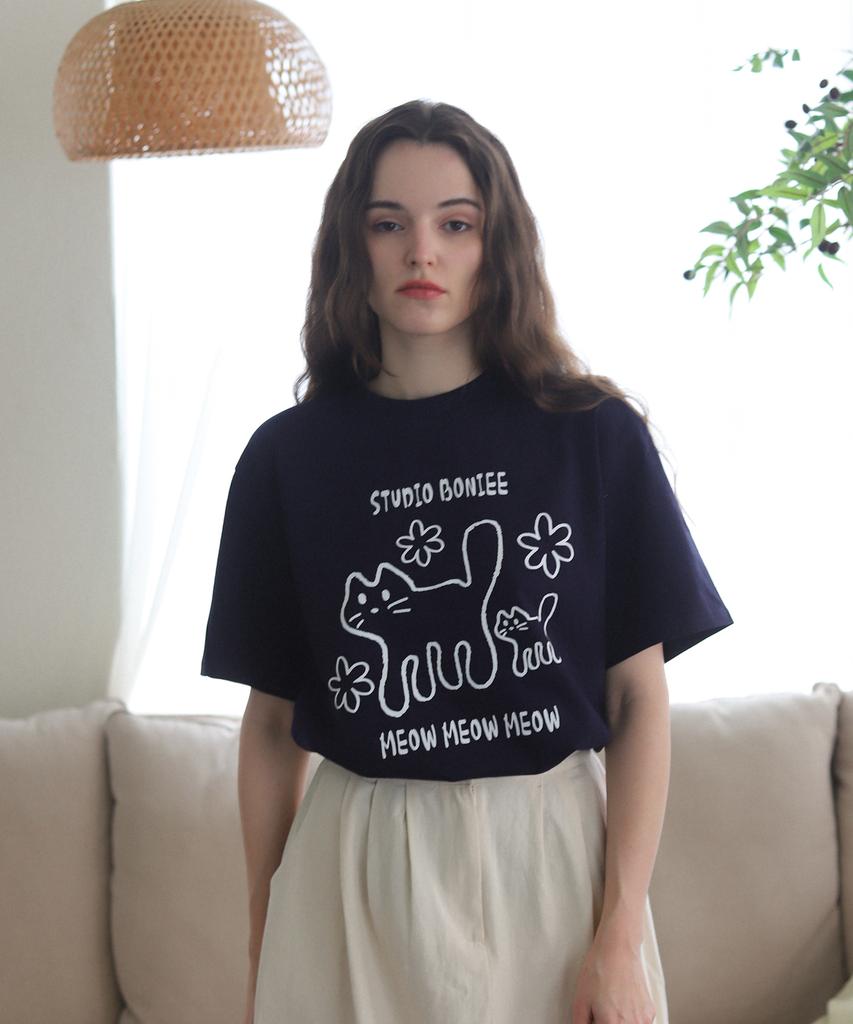 BONIEE Meow Cat Kitten Graphic Loose Oversized T-Shirt Navy