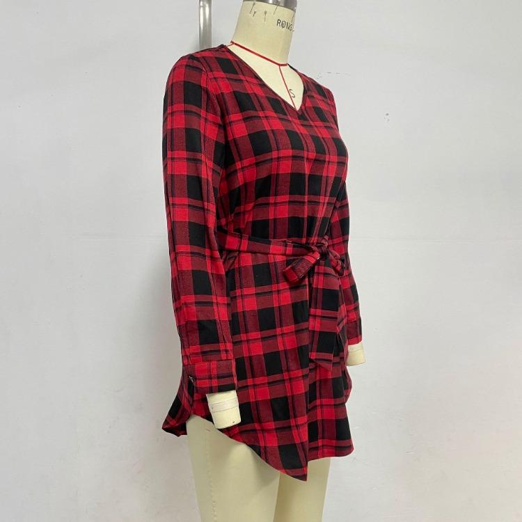 Sommer Damen Kariertes Langarmkleid V-Ausschnitt Hohe Taille A-Linie Schnürung Kurzes Kleid Frühling Mode S-XL