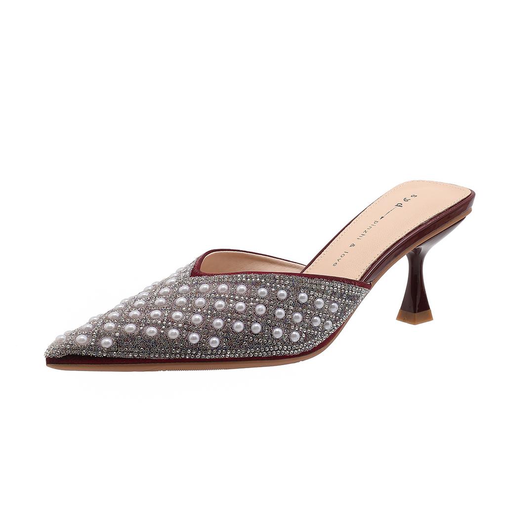 Papuci de casă Baotou pentru femei, de vară, modă nouă, cu strasuri, toc subțire, cu vârf ascuțit, toc înalt, papuci cool pentru femei