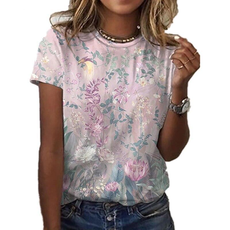 Summer Floral Flower Graphic T-Shirts 3D Print Women's Round-Neck Short Sleeve T Shirt Harajuku Tees Y2k Tops Female Clothing