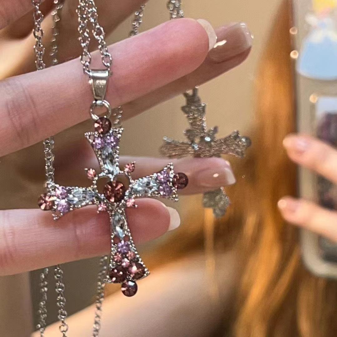 Spice Girl Hipster Cross Necklace Heavy Industry Diamond Gothic Niche Design Collarbone Chain Retro
