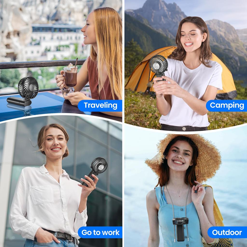 HandFan Portable USB Up To 27 Hours of 5 Speed Heatstroke Black Fan, 5200mAh, Portable, Quiet, Rechargeable, Powerful, Type-C, Operation, Settings,