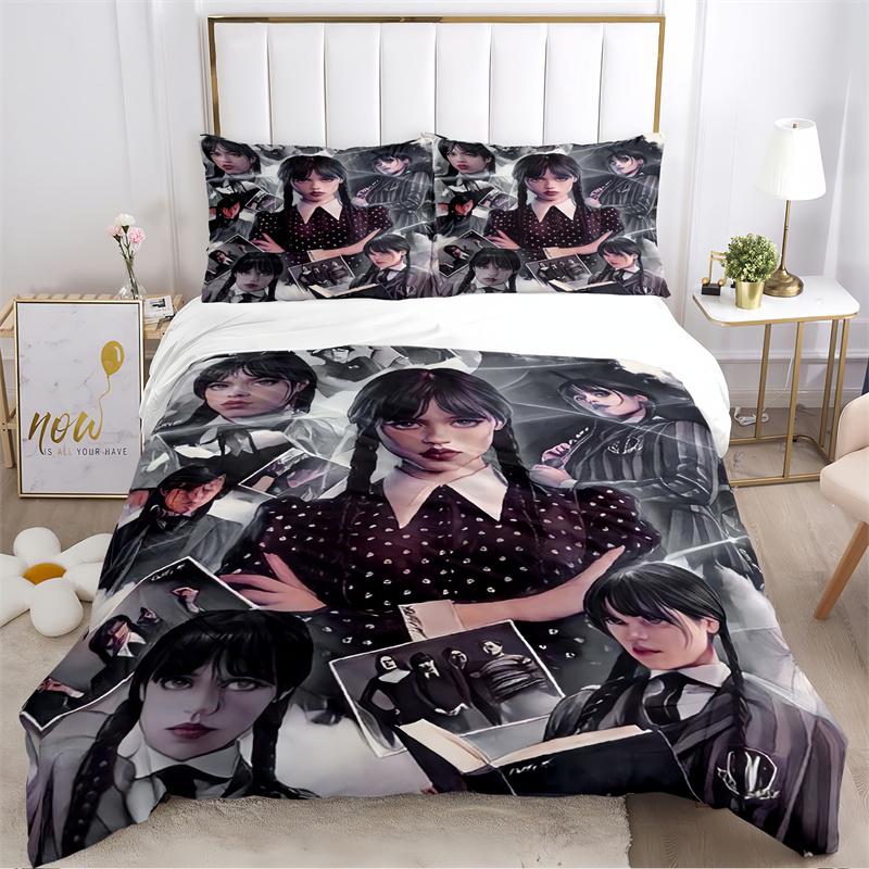 Dark Style Girl with Braids Print Bedding Set, Black & Purple Bed Linen(1 * Duvet Cover + 2 * Pillowcase, Without Core)