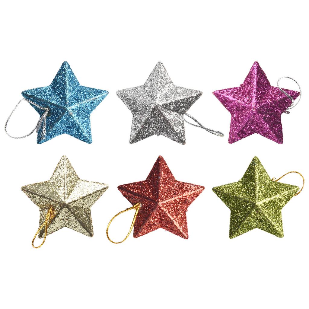 6Pcs Glitter Star Pendant Christmas Tree Hanging Decorations Plastic 5cm Stars Craft Ornament For Birthday Party Home Decoration