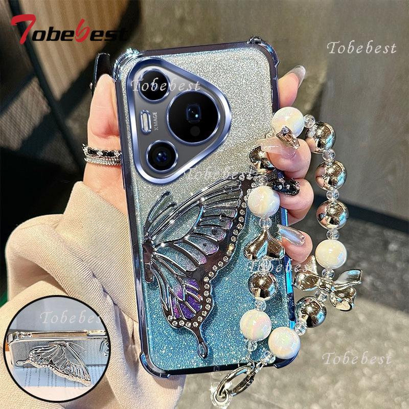 

Блестящий противоударный чехол с гальваническим покрытием и браслетом-бабочкой с зыбучим песком для Huawei Pura 80 70 Ultra P60 P50 P40 P30 Pro Plus Lite Huawei P30 Pro