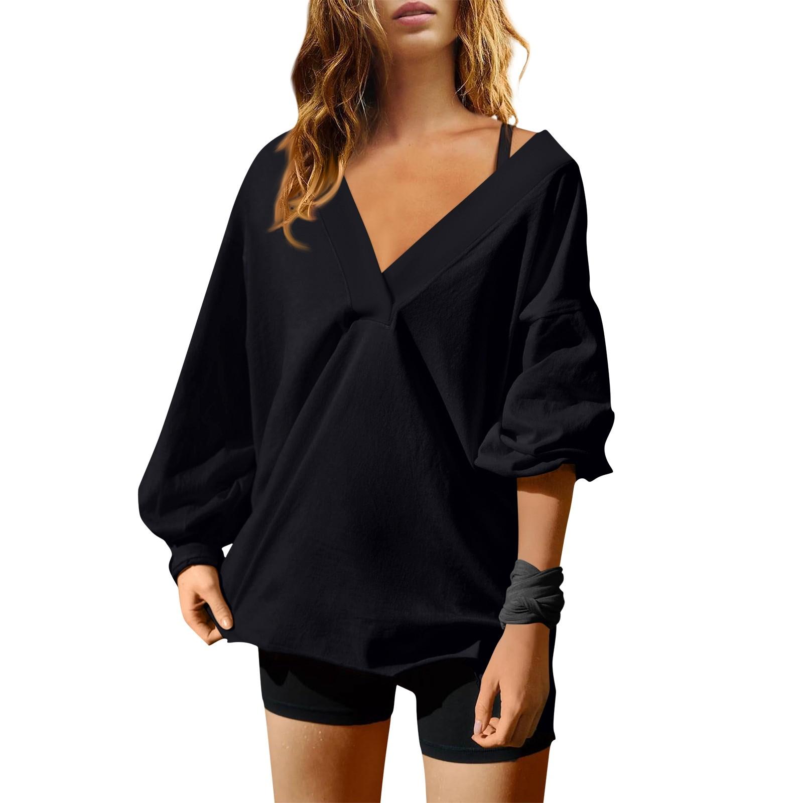 

Женская мода однотонный V-образный вырез длинный рукав свободный пуловер свитшот топ L чёрный