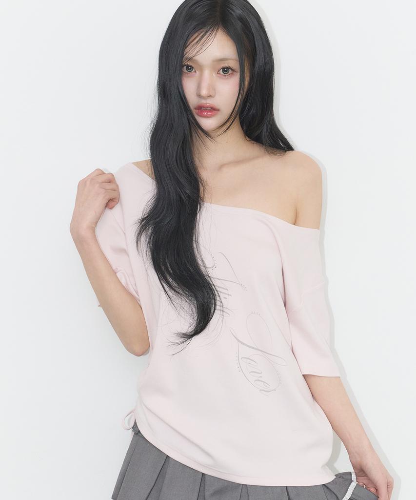 ILLIGO Ribbon String Off-Shoulder T-Shirt Pink