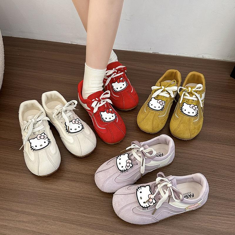 Cute Hello Kitty Sneakers Women's 2025 Autumn New Retro Argand Training Shoes Platform Non-slip Lace-up Board Shoes