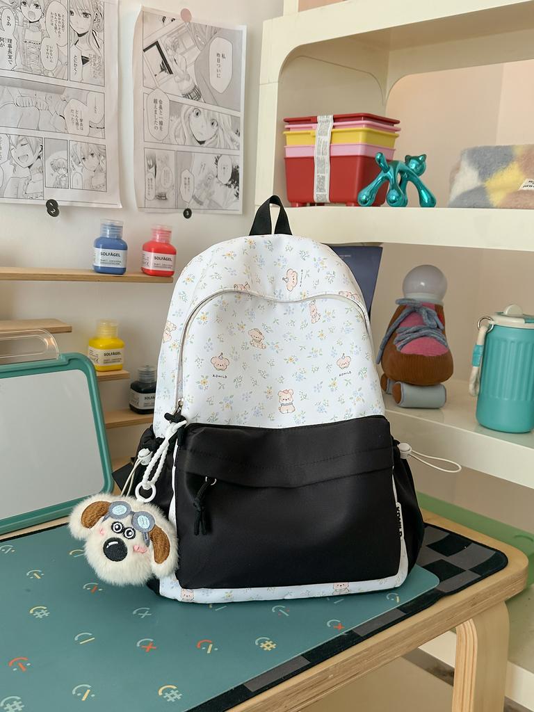 Schoolbag milky white fresh floral cute bear patchwork student backpack for students and healing style gentle bestie travel mini backpack