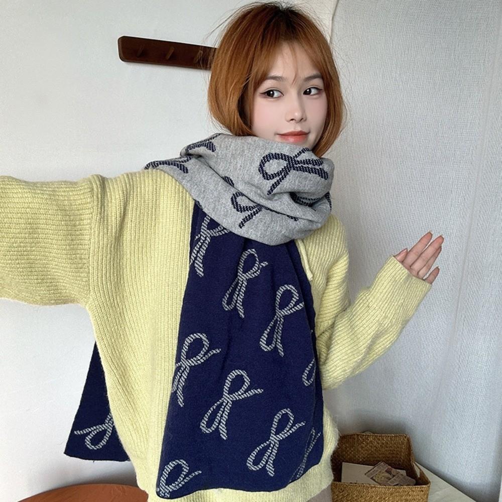 Korean Style Imitation Wool Scarf Two-sided Winter Shawl Fashion Bow Scarf  Gift