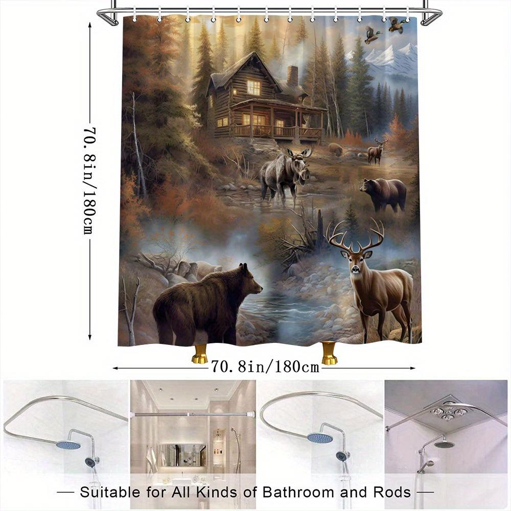 Rustikaler Waldtiere Duschvorhang Bär Elch Hirsch Ruhige Herbstszene Polyester mit 12 Haken Hütten-Thema Badezimmerdekoration
